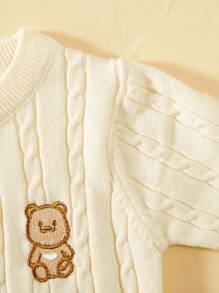 Baby Girl Bear Embroidery Cable Knit Cardigan - Beige - View 4