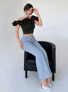 Aloruh Top Cropped Feminino com Ombro à Mostra e Babado, Blusas Femininas, Blusas Elegantes Femininas, Convidada de Casamento, Noite de Casamento - Preto - Visão 5
