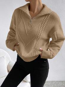 SHEIN Frenchy Cable Knit Quarter Zip Drop Shoulder Sweater - Khaki - View 6