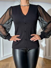 SHEIN Clasi Contrast Mesh Lantern Sleeve Button Front Cardigan - Black - View 5