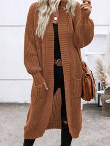 SHEIN Essnce Chất rắn Mở Mặt trước Thả vai Áo len Mở - Rỉ Nâu - Xem 5