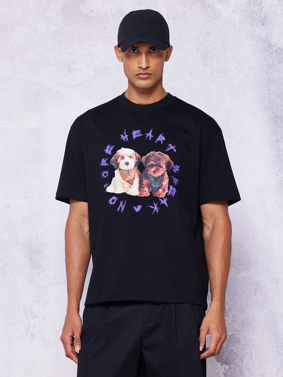 SUMWON Tee With Puppy Graphic Print For Daily Wear - Black - View 1