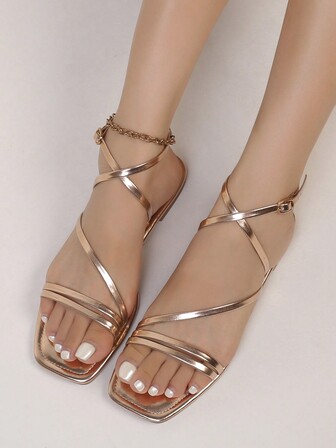 女性時尚舒適的十字設計涼鞋,方頭,開口,扣帶腳踝帶,平底涼鞋,適用於春/夏季