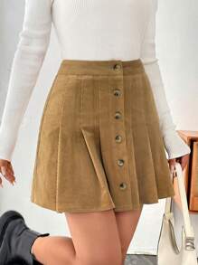 SHEIN Essnce Button Front Pleated Hem Corduroy Skirt - Khaki - View 4