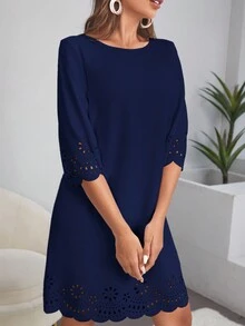 SHEIN Clasi Laser Cut Cắt vỏ sò Váy liền thân - Màu xanh hải quân - Xem 4