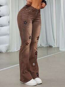 SHEIN ICON Floral Embroidery Flare Leg Jeans - Coffee Brown - View 3