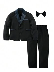 男大童拼接面西裝外套&西裝褲&領結 - 黑色 - 查看 1