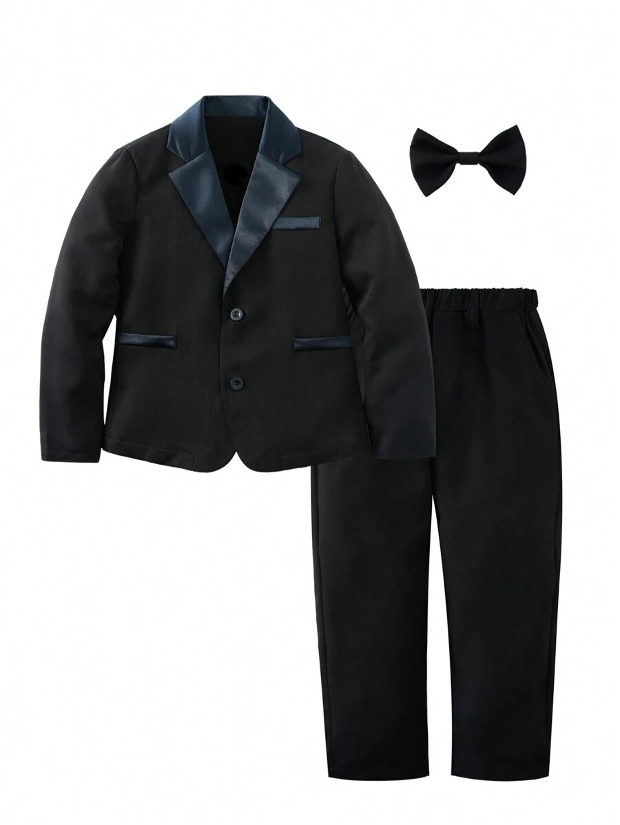 男大童拼接面西裝外套&西裝褲&領結 - 黑色 - 查看 1