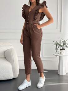 EURMUSE Women's Denim Overalls With Ruffle Hem Design - Brown - View 5