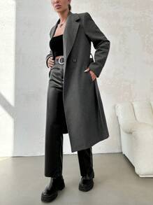 EURMUSE Lapel Neck Double Breasted Belted Overcoat - Grey - View 4
