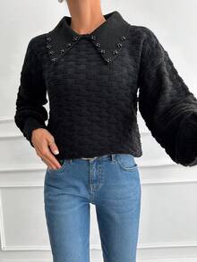 EURMUSE Pearls Beaded Lantern Sleeve Sweater - Black - View 4
