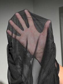 SHEIN ICON 夏季實心綁緊蕾絲透明網紗黑色短上衣(無胸墊) - 黑色 - 查看 7