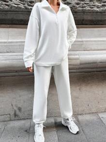 EURMUSE Letter Print Zipper Half-Placket Drop Shoulder Hoodie And Sweatpants - White - View 3