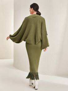 Modelyn Fringe Hem Lantern Sleeve Cardigan & Sweater Dress 2 Piece Set - Army Green - View 2