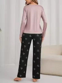 Conjunto de pijama con estampado de corazón (Camiseta y Pantalones), Ropa de otoño e invierno - Multicolor - Ver 3