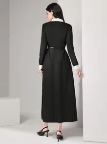 Seusyu Contrast Trim Flap Detail Belted Shirt Modest Long Sleeve Dress - Black - View 6