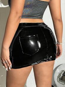 SHEIN ICON Plus Belted PU Leather Bodycon Skirt - Black - View 2