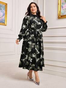 Mulvari 大碼紮染小高領繫腰帶洋裝 - 黑色 - 查看 6