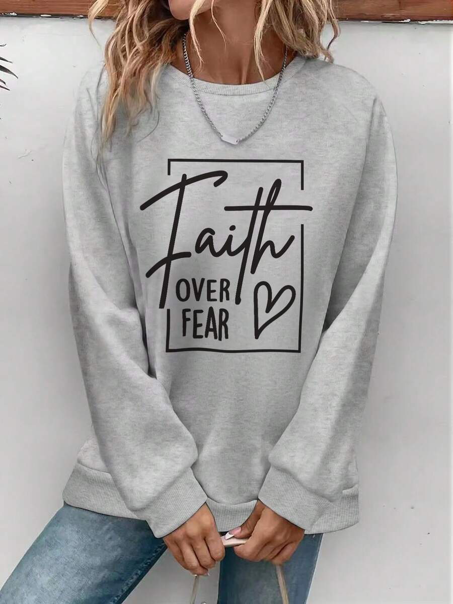 SHEIN EZwear Heart & Letter Graphic Drop Shoulder Sweatshirt - Grey - View 1