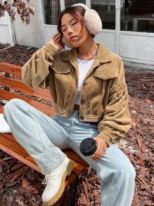 SHEIN Unity Áo khoác tay dài đơn giản cài nút phía trước, đa năng cho mùa thu/đông - Màu Khaki - Xem 1