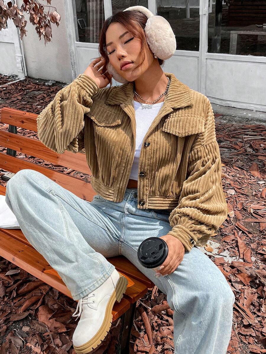 SHEIN Unity Áo khoác tay dài đơn giản cài nút phía trước, đa năng cho mùa thu/đông - Màu Khaki - Xem 1