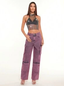 SHEIN BAE 側翻蓋口袋工裝牛仔褲 - 紫色 - 查看 5