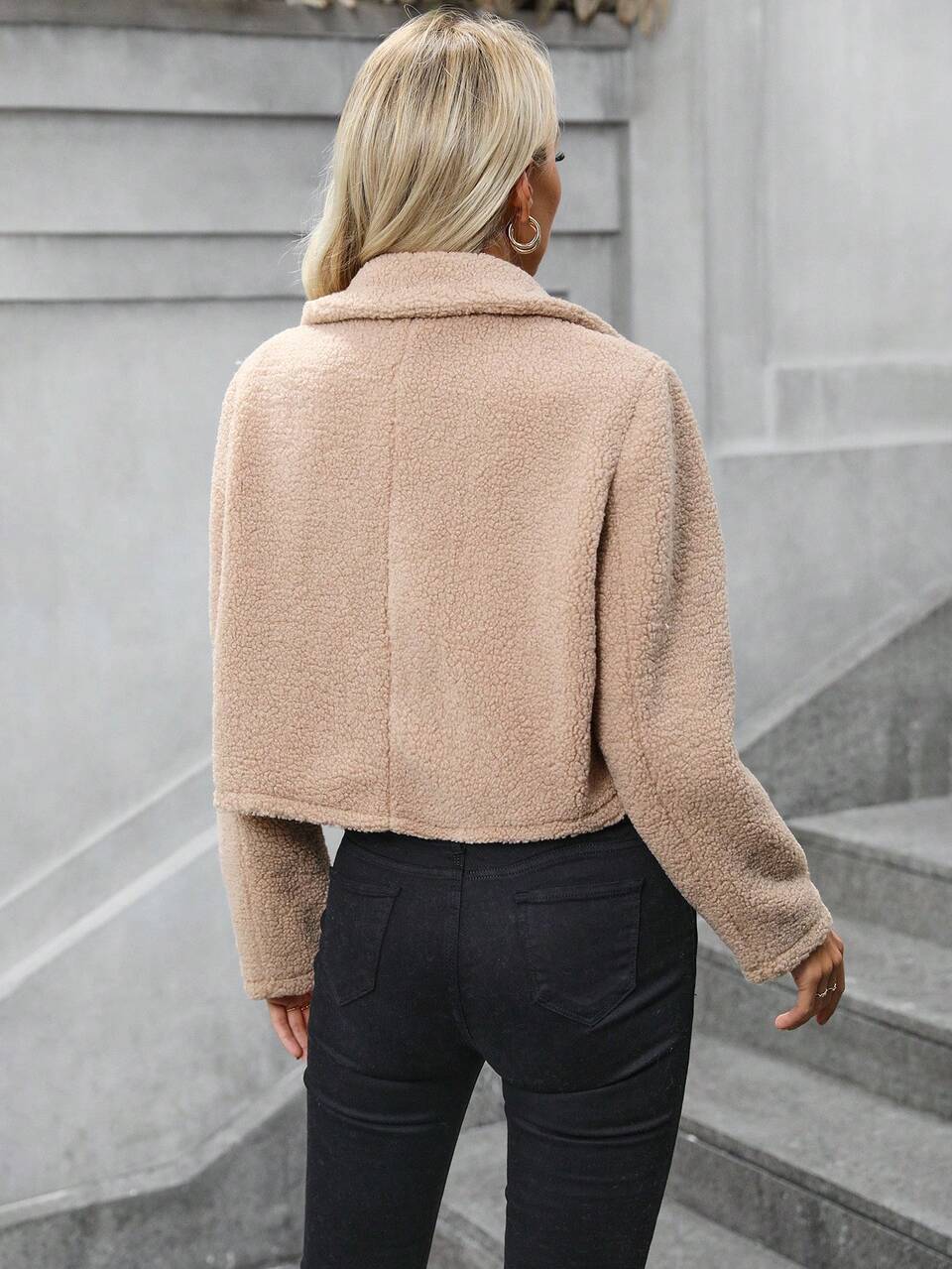 Lapel Neck Double Button Teddy Jacket
