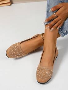 Women's Pointed Toe Rhinestone Decor Low Heel Slip On Flats Shoes - Brown - View 4