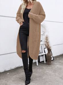 SHEIN Essnce 双口袋落肩开衫 - 卡其色 - 查看 5