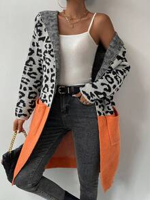 SHEIN LUNE 豹紋圖案雙口袋連帽開襟衫 - 彩色 - 查看 4