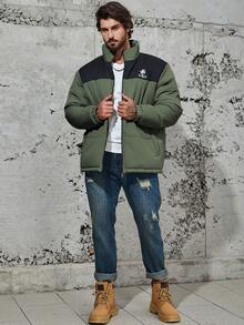 Manfinity Homme Men Loose Plus Letter & Palm Tree Graphic Colorblock Zip Up Padded Coat - Army Green - View 4