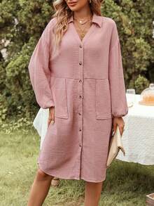 SHEIN LUNE Drop Shoulder Pocket Patched Button Front Shirt Dress - Pink - View 5