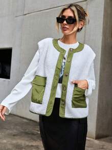 SHEIN Essnce 翻蓋口袋前紐扣絨毛夾克背心 - 白色 - 查看 2