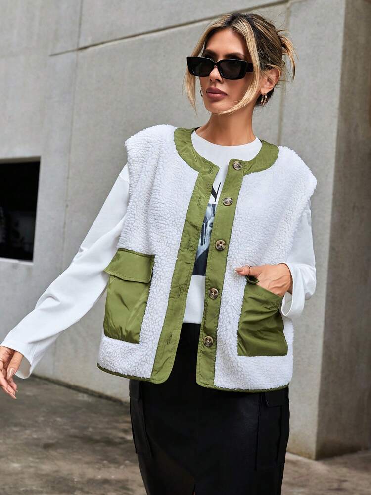 Flap Pocket Button Front Teddy Vest Jacket