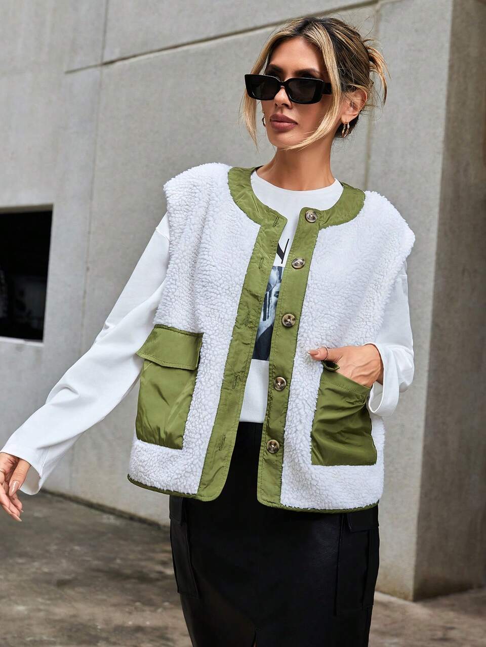 Flap Pocket Button Front Teddy Vest Jacket