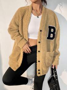 SHEIN EZwear Thư được vá Thả vai Áo khoác Teddy - màu nâu - Xem 1