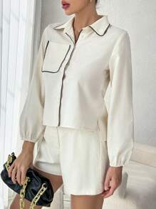 SHEIN Essnce 撞色滾邊口袋貼布襯衫&短褲 - 白色 - 查看 3