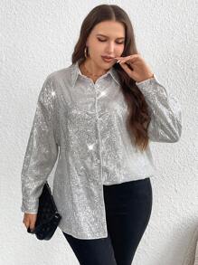 SHEIN LUNE Hơn Thả vai Kim sa Áo sơ mi - Bạc - Xem 3