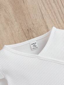 SHEIN 女嬰荷葉邊條紋針織T恤 - 白色 - 查看 4