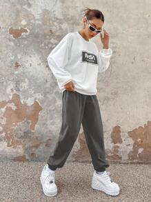 SHEIN EZwear Letter Graphic Drop Shoulder Sweatshirt & Sweatpants