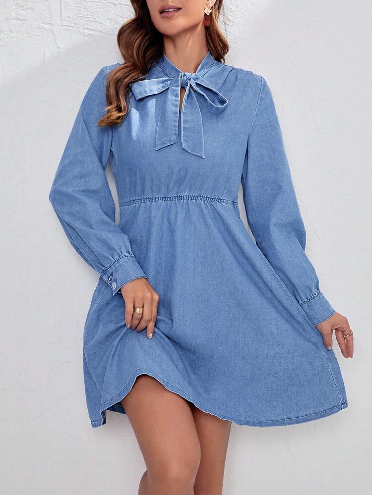 Tie Neck Lantern Sleeve Denim Dress