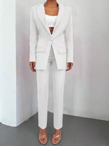 EURMUSE Solid Blazer & Slant Pocket Belted Suit Pants - White - View 3