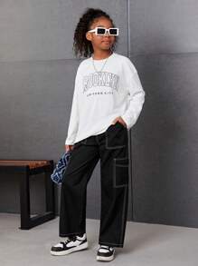SHEIN Tween Girls' Winter Warm Loose Fit Knitted Wide Leg Pants For Casual