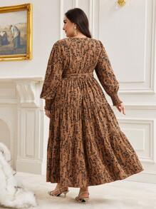 Mulvari Plus Ditsy Floral Print Lantern Sleeve Ruffle Hem Belted Dress - Multicolor - View 2