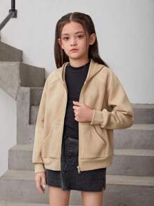 SHEIN Tween Girl Slogan Graphic Raglan Sleeve Hoodie