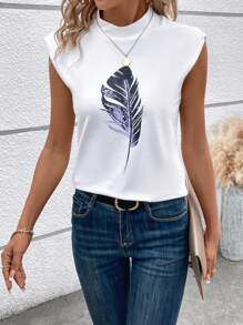 SHEIN LUNE Feather Print Mock Neck Tee - White - View 5