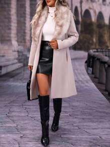 Chiquease Fuzzy Collar Single Button Overcoat - Apricot - View 5