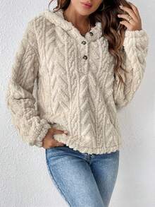 SHEIN Frenchy Capucha con botón de hombros caídos forro polar - Albaricoque - Ver 3