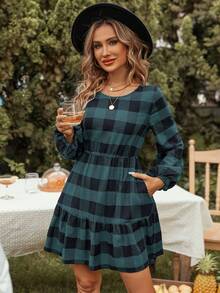 SHEIN LUNE Buffalo Plaid Print Lantern Sleeve Ruffle Hem Dress - Multicolor - View 3