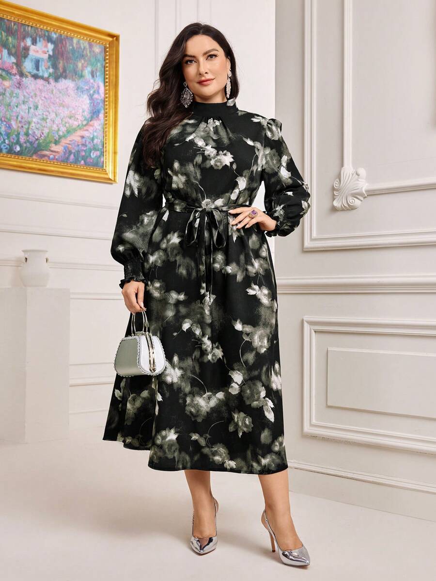 Mulvari 大碼紮染小高領繫腰帶洋裝 - 黑色 - 查看 1